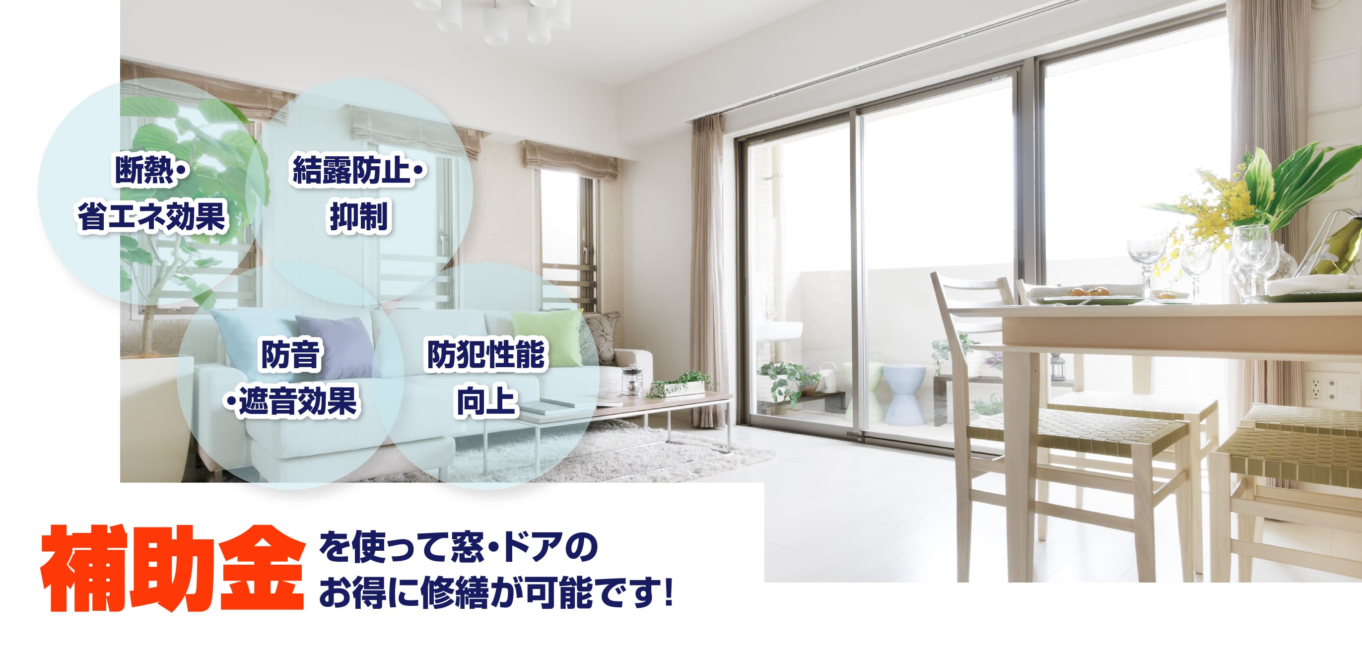 リビングの写真。断熱・省エネ効果、結露防止、防音・遮音、防犯性能の訴求と、補助金を使って窓・ドアのお得に修繕が可能ですという見出し。