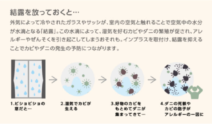 結露がカビ・ダニの原因になることを示す図解